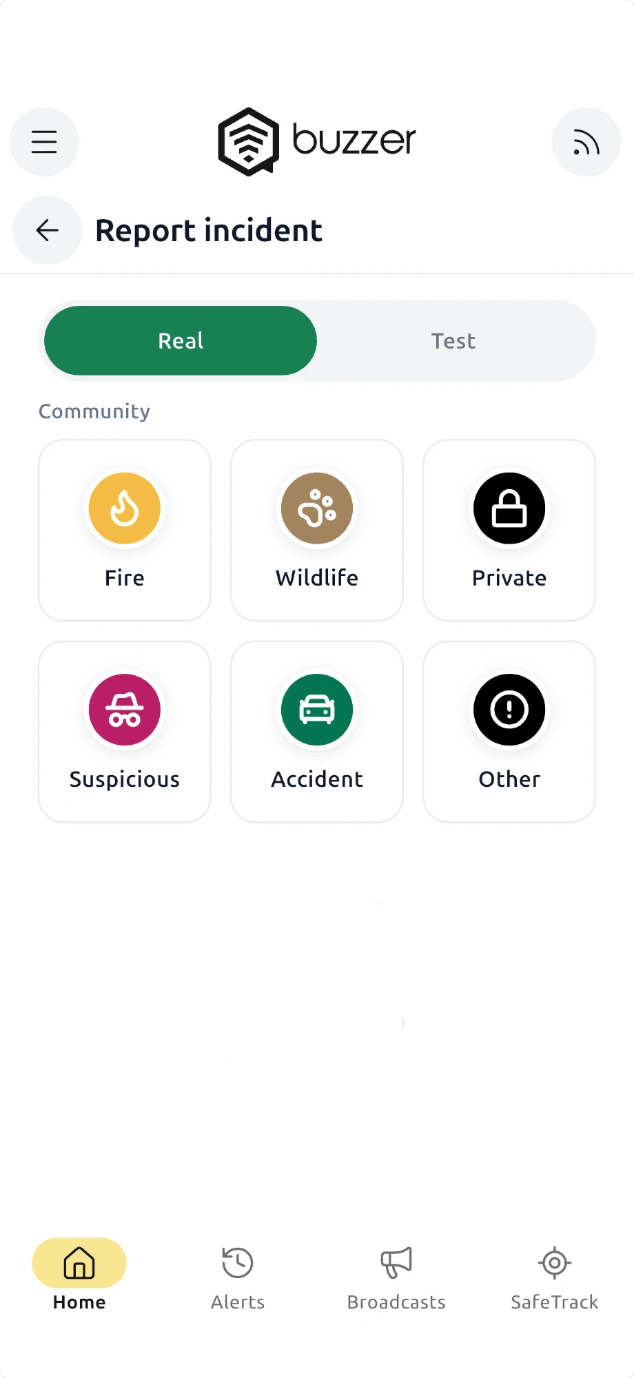 Buzzer app: Report incident screen with community categories